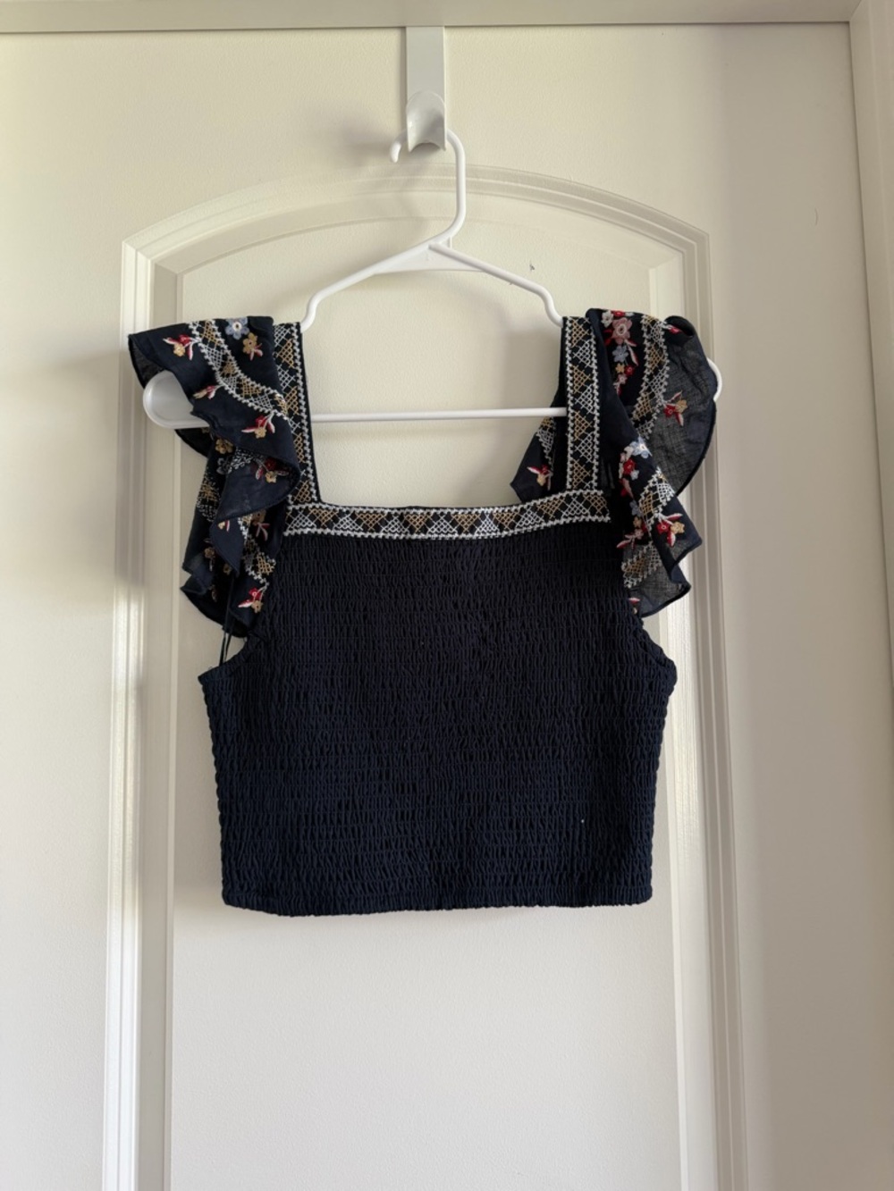 Navy Smocked Crop Top with Floral Ruffle Straps